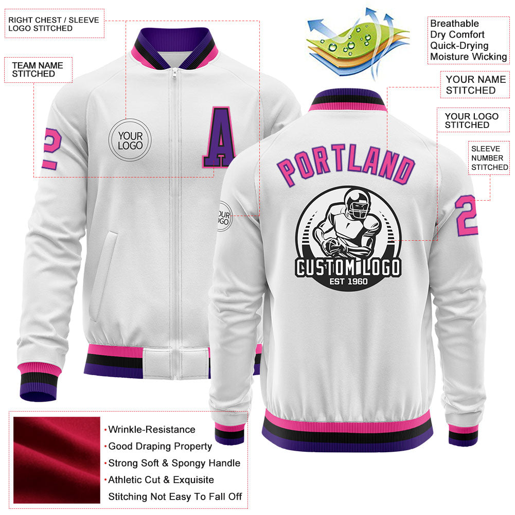 Custom White Pink Purple-Black Bomber Varsity Letterman Zipper Jacket view 4