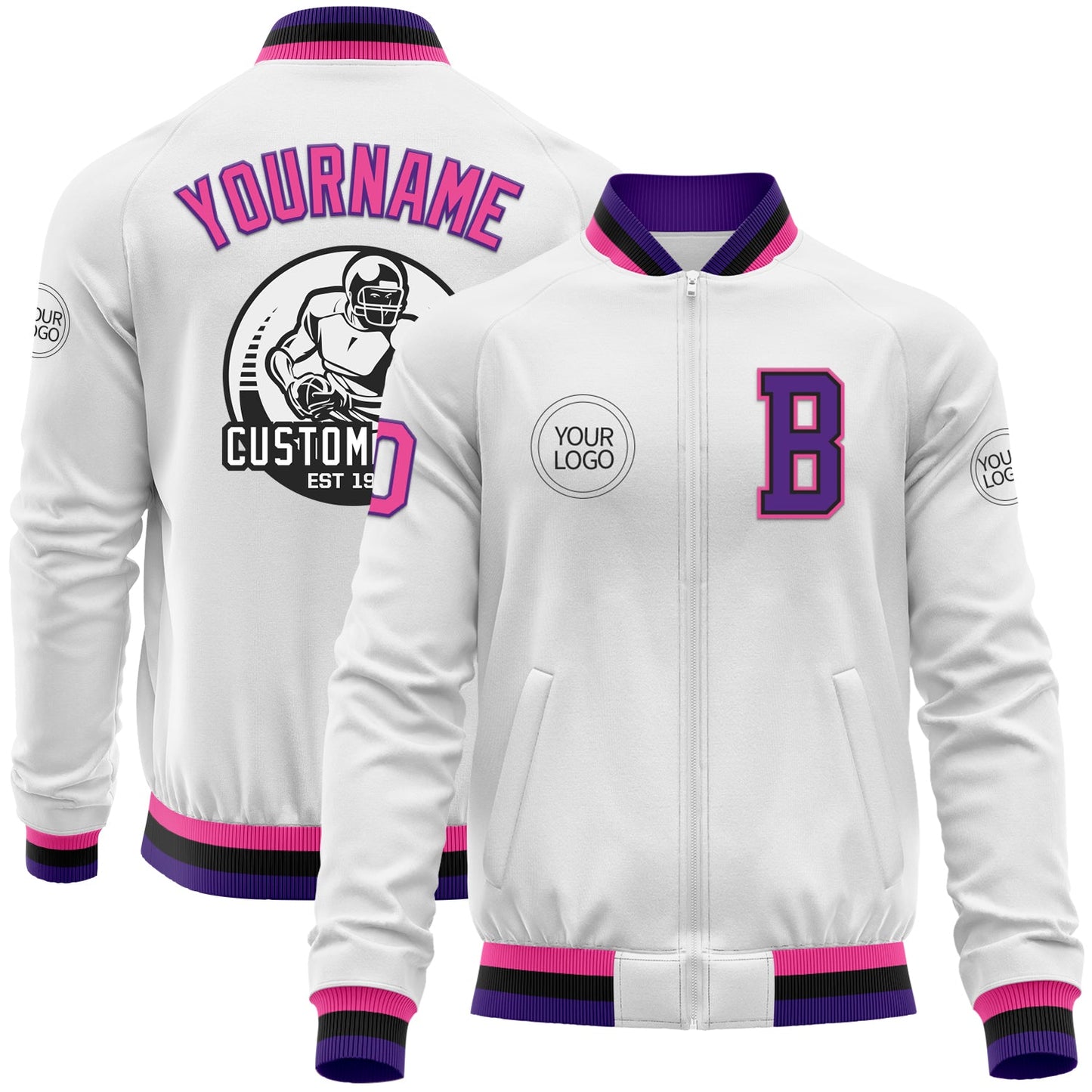 Custom White Pink Purple-Black Bomber Varsity Letterman Zipper Jacket - Main View