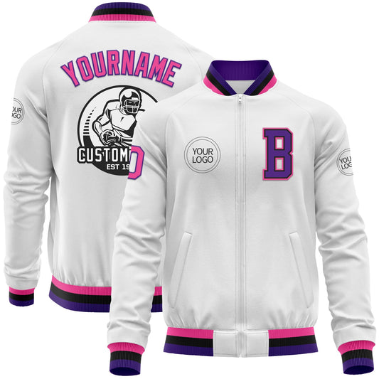 Custom White Pink Purple-Black Bomber Varsity Letterman Zipper Jacket - Main View