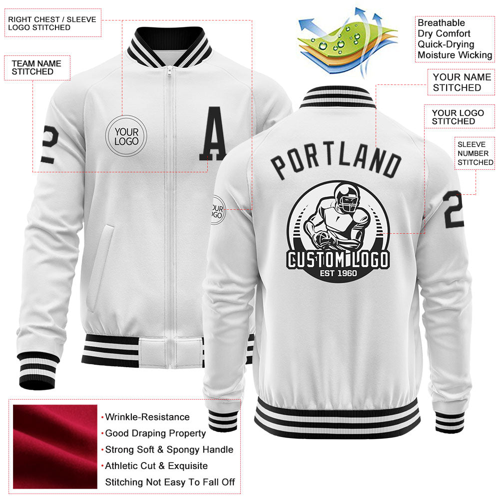 Custom White Black Bomber Varsity Letterman Zipper Jacket view 4