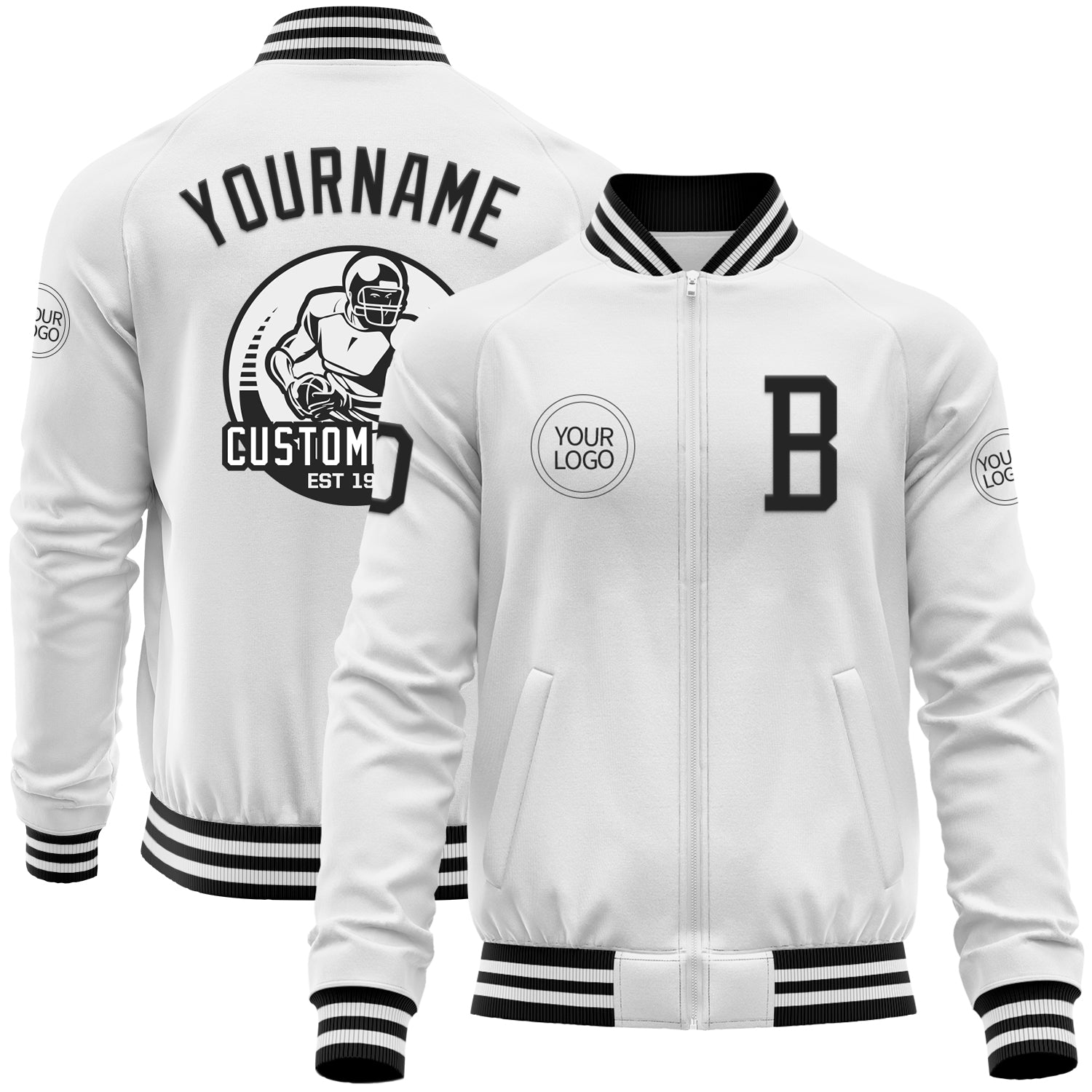 Custom White Black Bomber Varsity Letterman Zipper Jacket - Main View