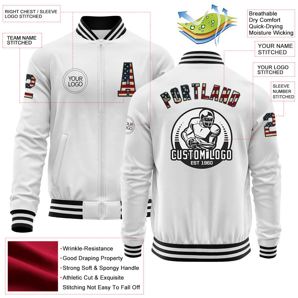Custom White Vintage USA Flag-Black Bomber Varsity Letterman Zipper Jacket view 4
