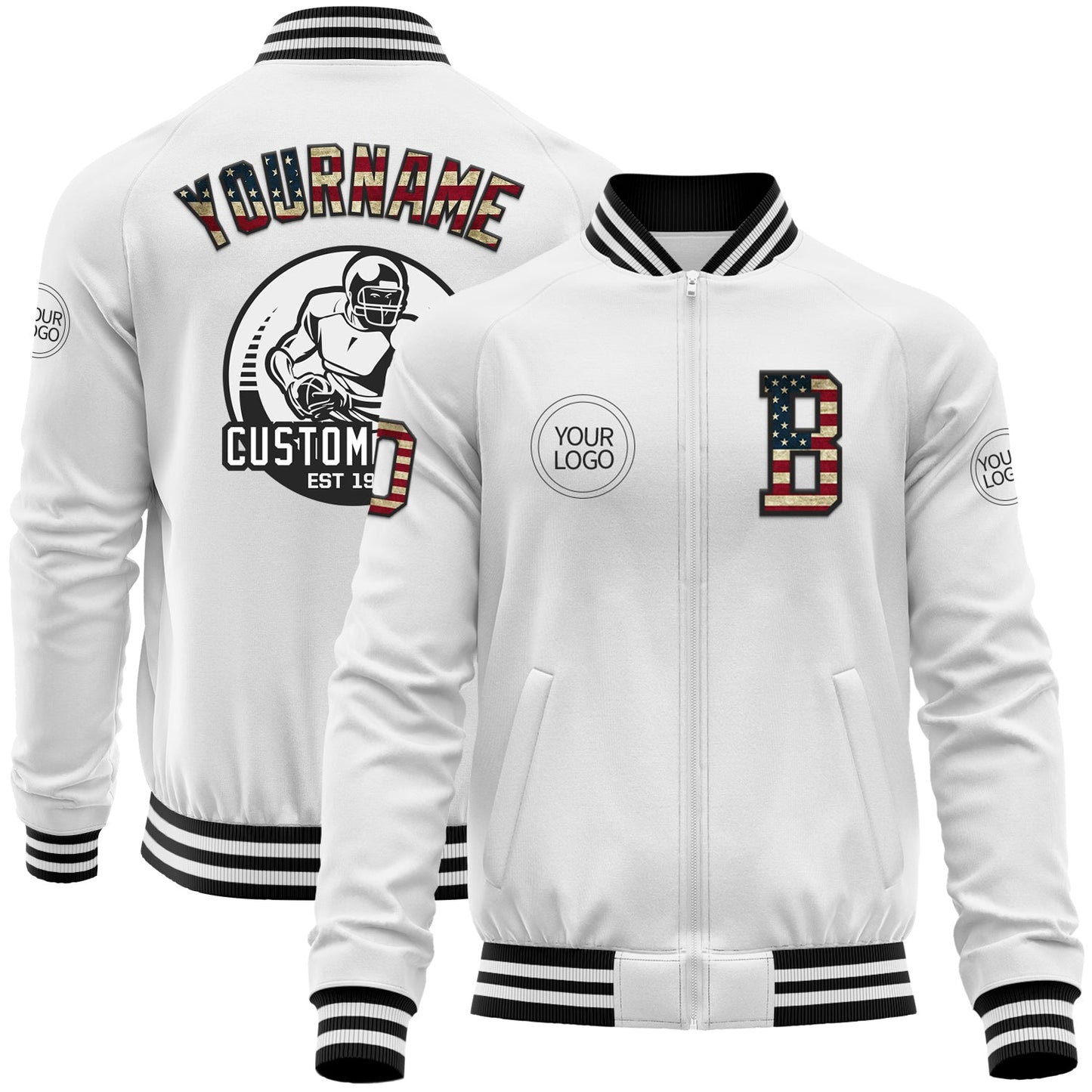 Custom White Vintage USA Flag-Black Bomber Varsity Letterman Zipper Jacket - Main View