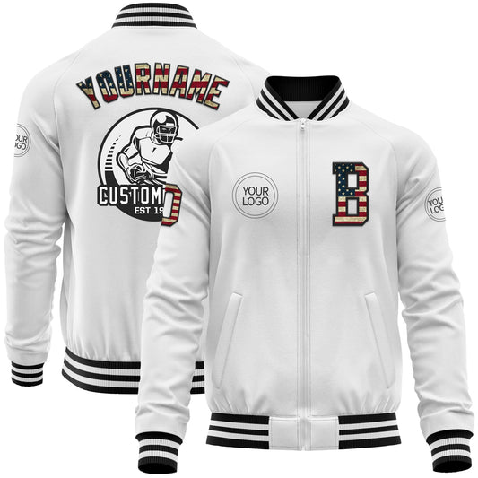 Custom White Vintage USA Flag-Black Bomber Varsity Letterman Zipper Jacket - Main View
