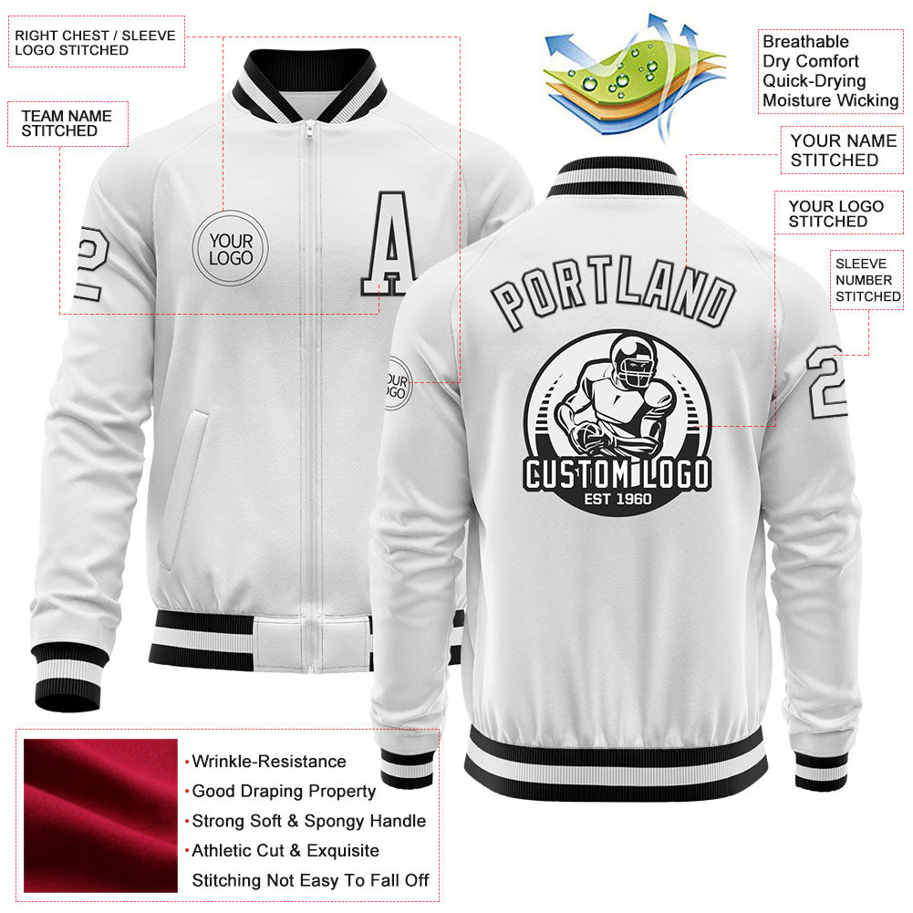 Custom White Black Bomber Varsity Letterman Zipper Jacket view 4