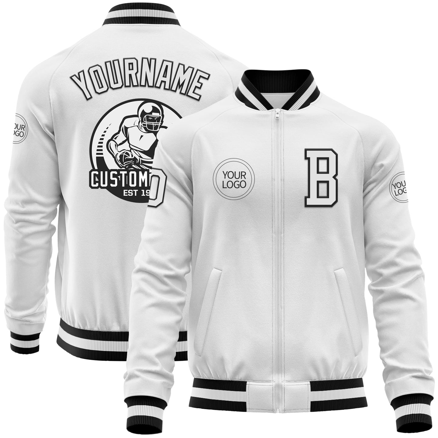 Custom White Black Bomber Varsity Letterman Zipper Jacket - Main View