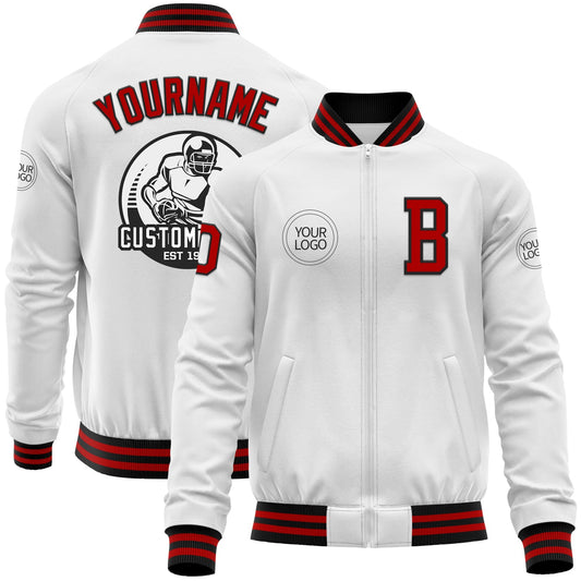Custom White Red-Black Bomber Varsity Letterman Zipper Jacket - Main View