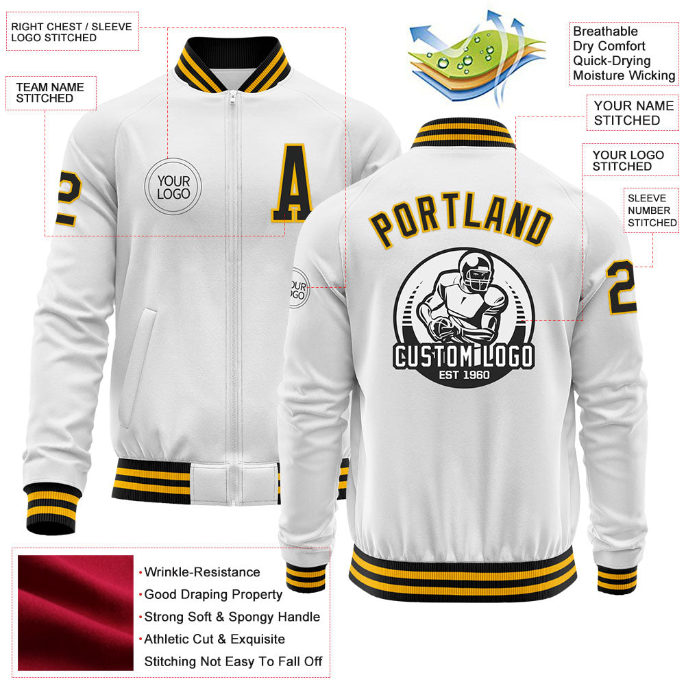 Custom White Black-Gold Bomber Varsity Letterman Zipper Jacket view 4