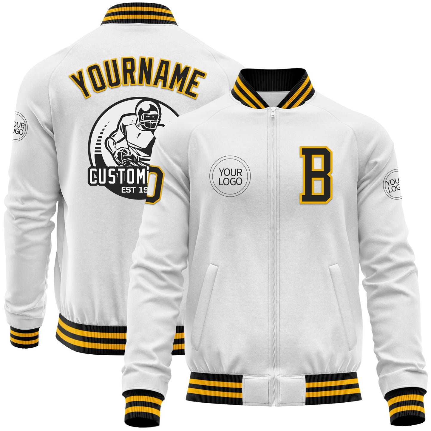 Custom White Black-Gold Bomber Varsity Letterman Zipper Jacket - Main View