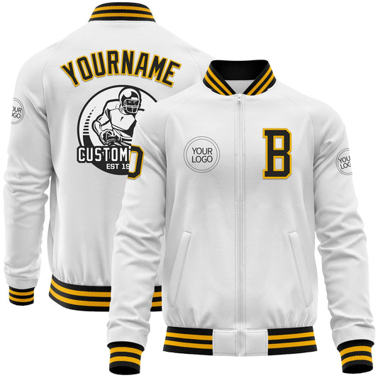 Custom White Black-Gold Bomber Varsity Letterman Zipper Jacket - Main View