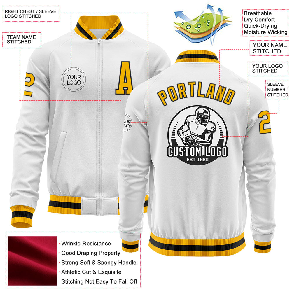 Custom White Gold-Black Bomber Varsity Letterman Zipper Jacket view 4