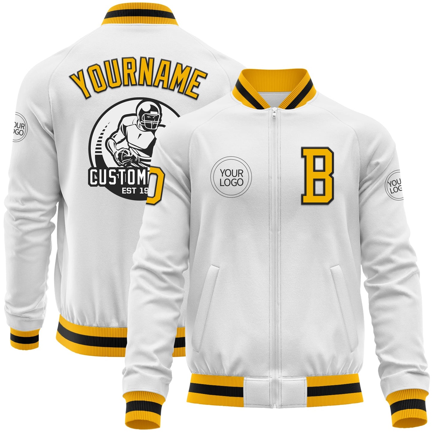 Custom White Gold-Black Bomber Varsity Letterman Zipper Jacket - Main View