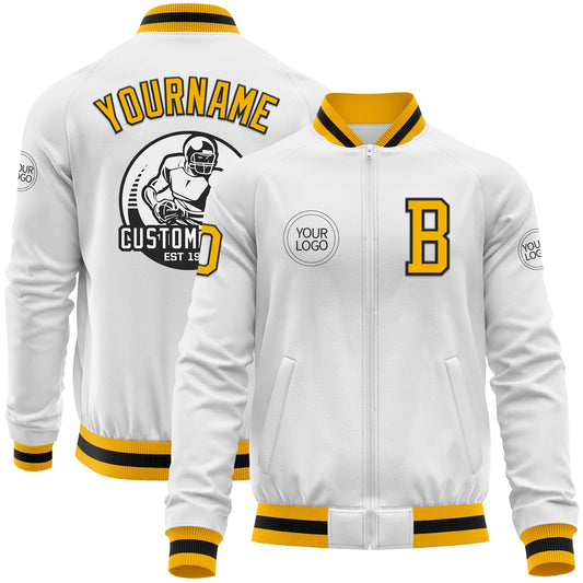 Custom White Gold-Black Bomber Varsity Letterman Zipper Jacket - Main View