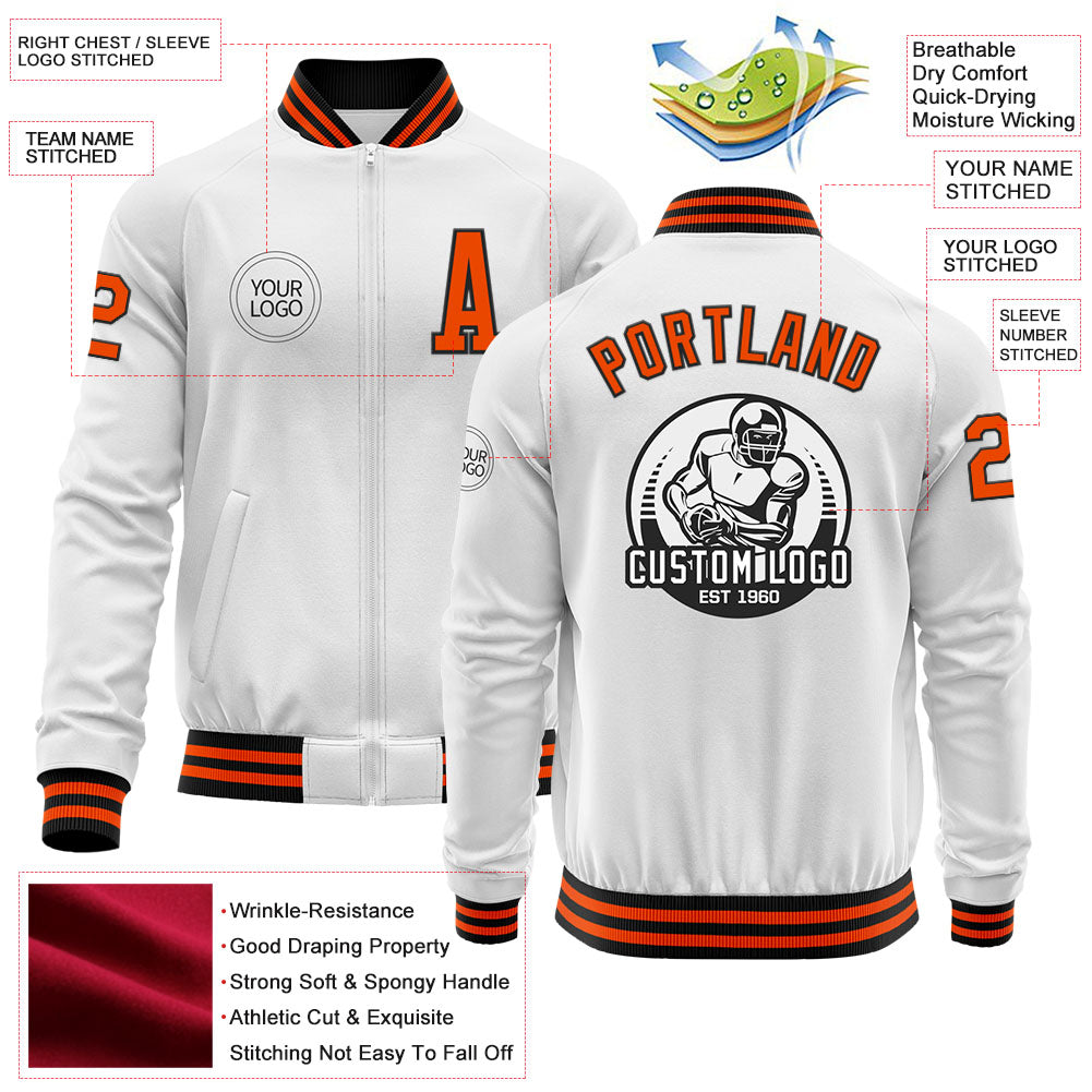 Custom White Orange-Black Bomber Varsity Letterman Zipper Jacket view 4