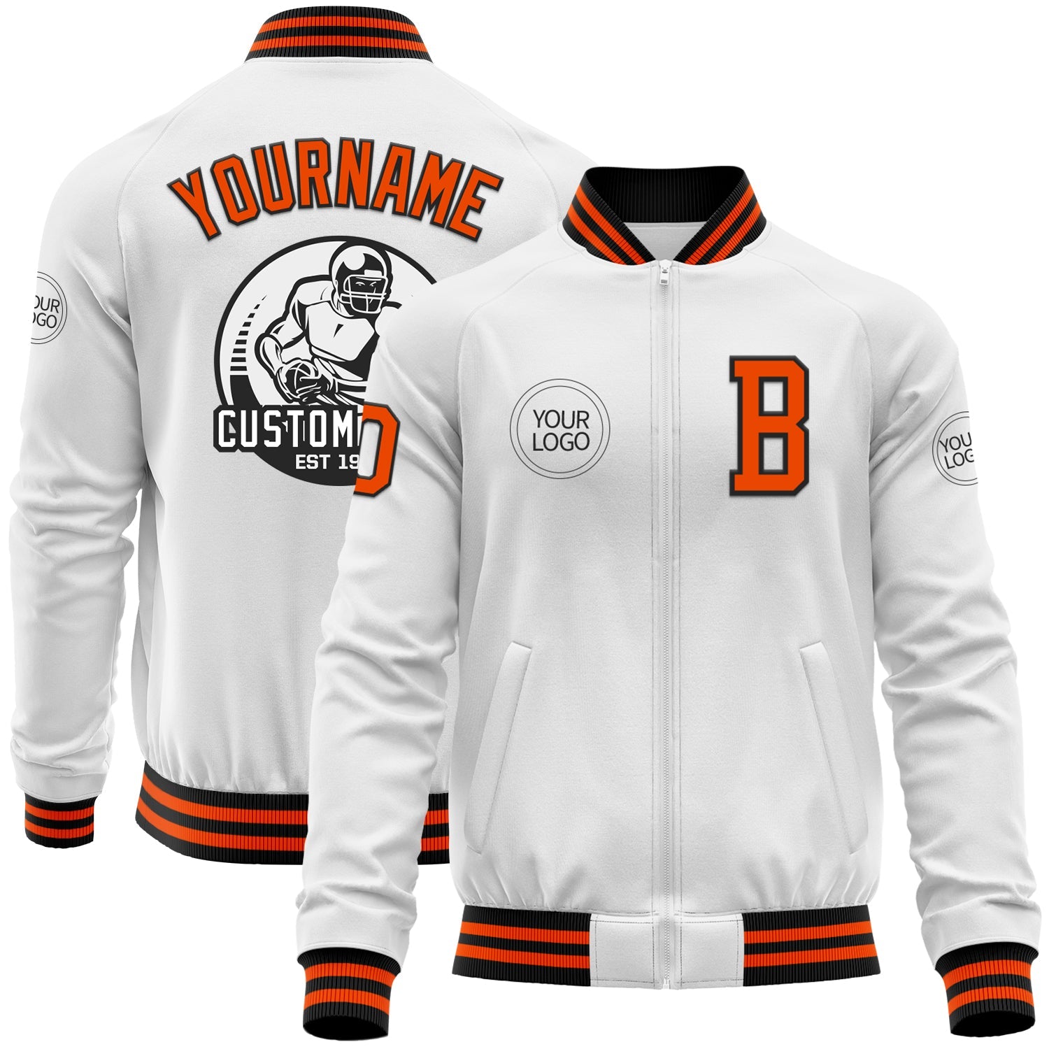 Custom White Orange-Black Bomber Varsity Letterman Zipper Jacket - Main View