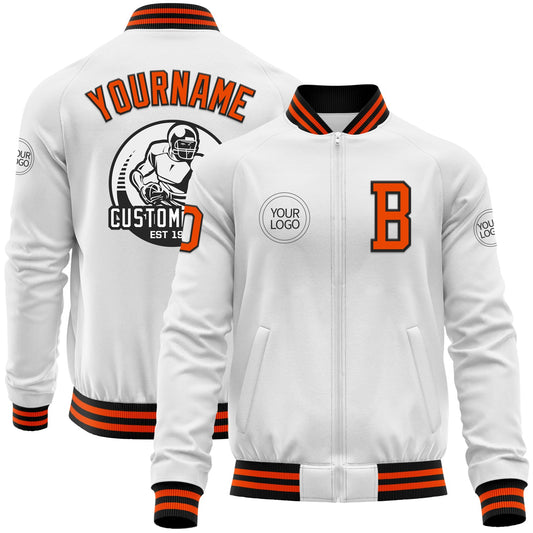 Custom White Orange-Black Bomber Varsity Letterman Zipper Jacket - Main View