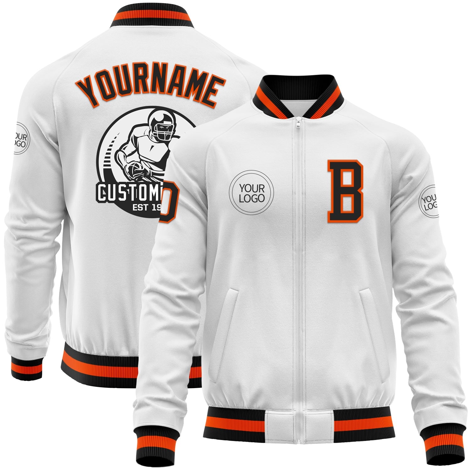 Custom White Black-Orange Bomber Varsity Letterman Zipper Jacket - Main View