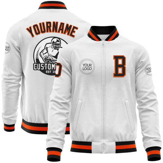 Custom White Black-Orange Bomber Varsity Letterman Zipper Jacket - Main View