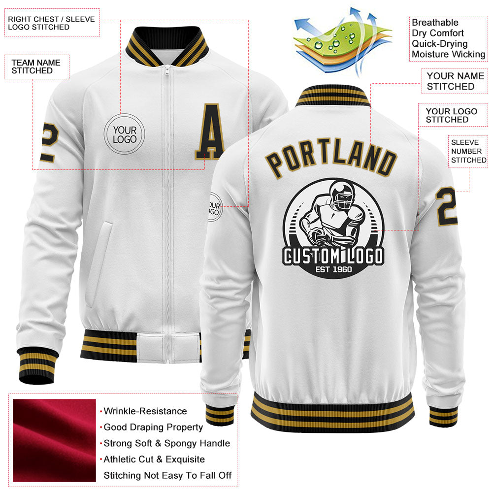 Custom White Black-Old Gold Bomber Varsity Letterman Zipper Jacket view 4