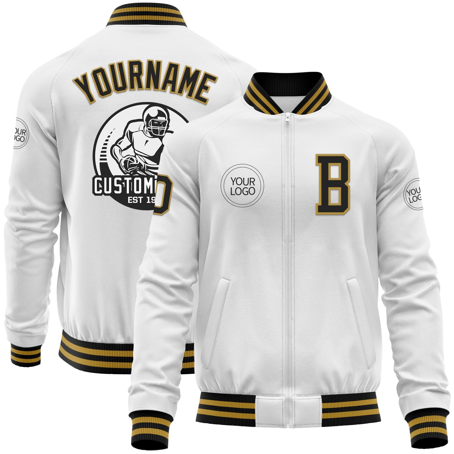 Custom White Black-Old Gold Bomber Varsity Letterman Zipper Jacket - Main View