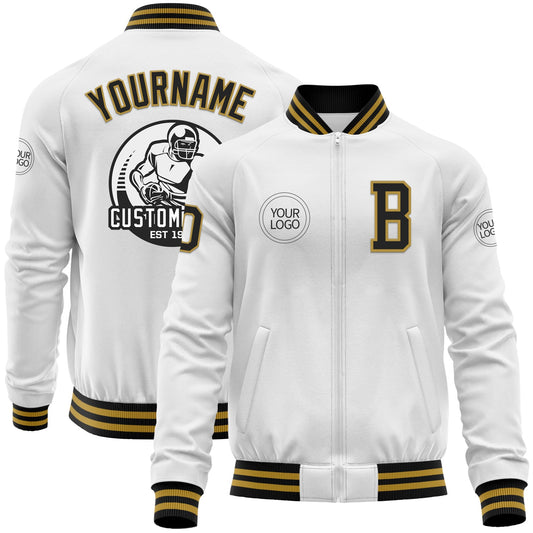 Custom White Black-Old Gold Bomber Varsity Letterman Zipper Jacket - Main View