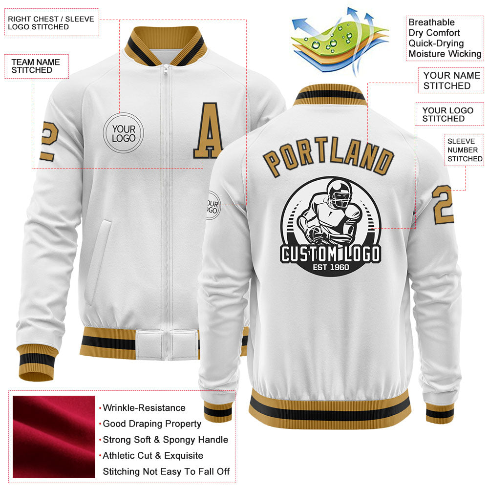 Custom White Old Gold-Black Bomber Varsity Letterman Zipper Jacket view 4