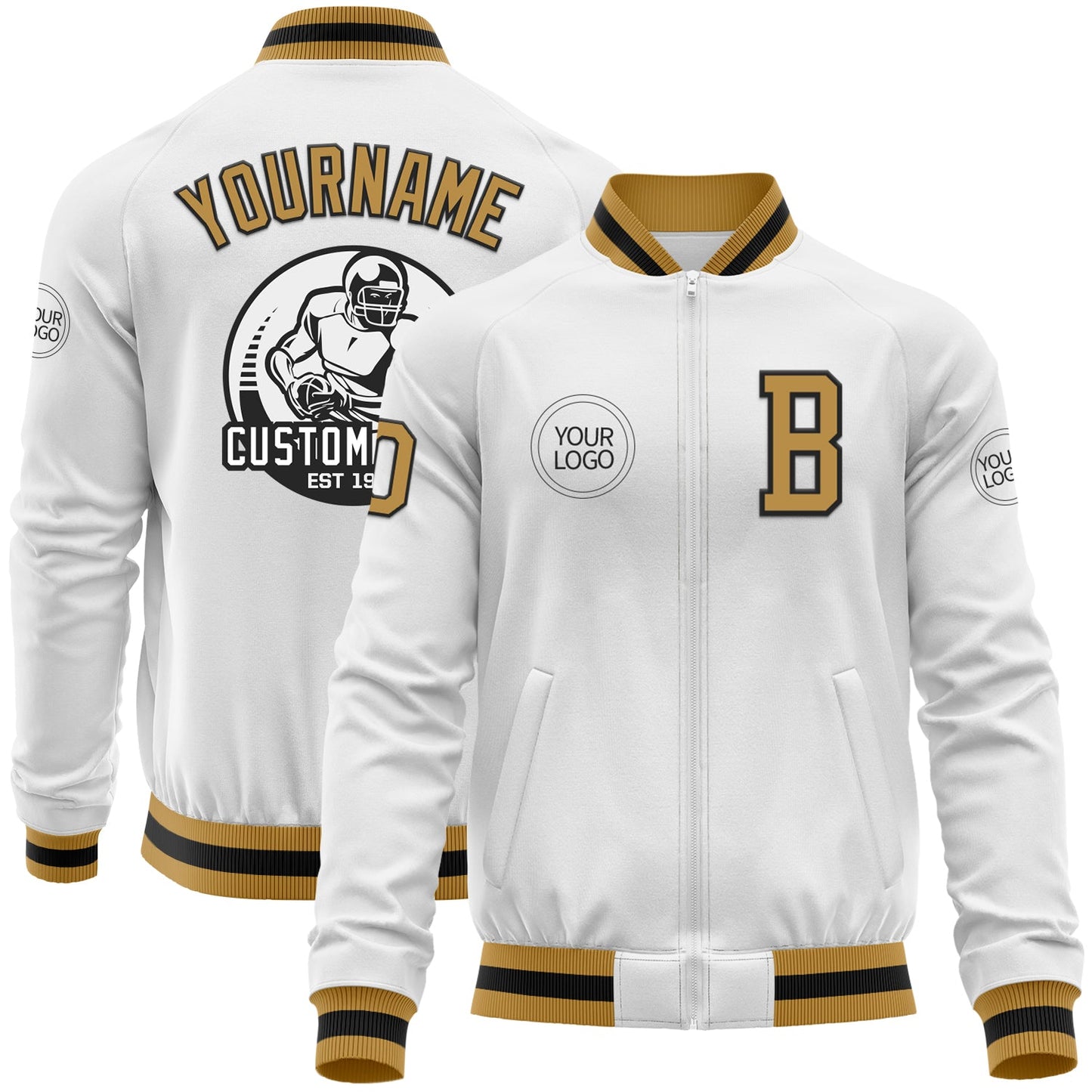 Custom White Old Gold-Black Bomber Varsity Letterman Zipper Jacket - Main View