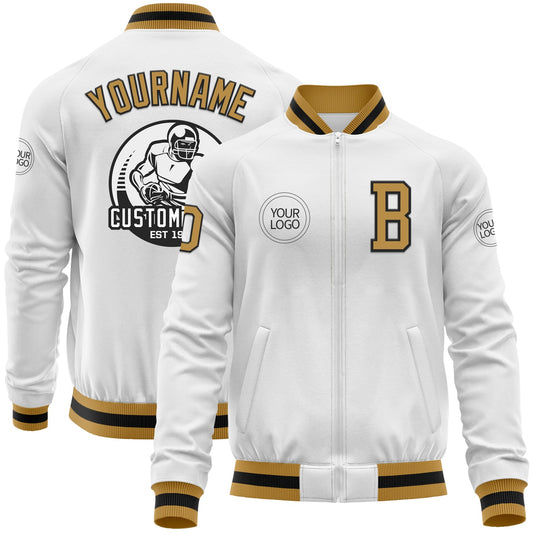 Custom White Old Gold-Black Bomber Varsity Letterman Zipper Jacket - Main View