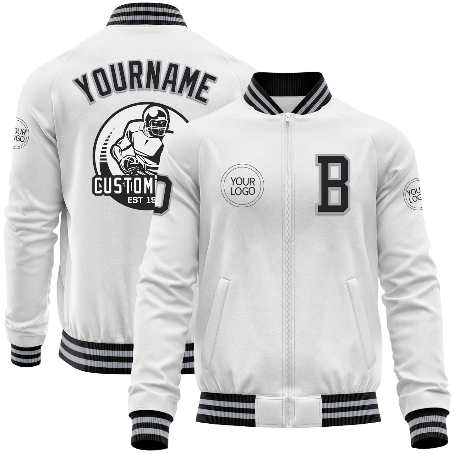 Custom White Black-Gray Bomber Varsity Letterman Zipper Jacket - Main View