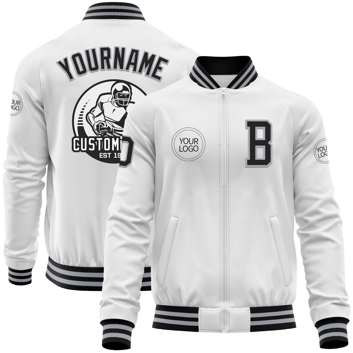 Custom White Black-Gray Bomber Varsity Letterman Zipper Jacket - Main View