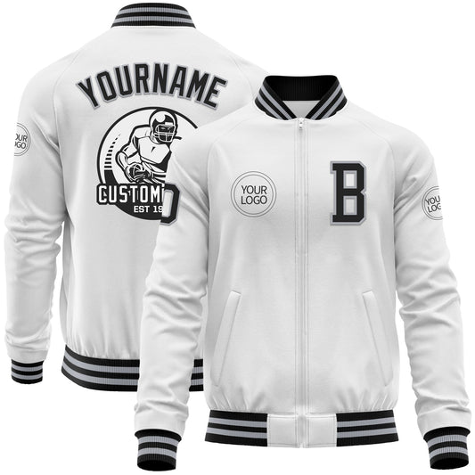 Custom White Black-Gray Bomber Varsity Letterman Zipper Jacket - Main View