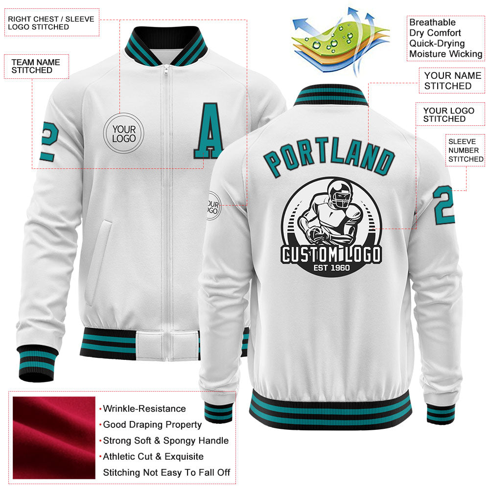 Custom White Teal-Black Bomber Varsity Letterman Zipper Jacket view 4