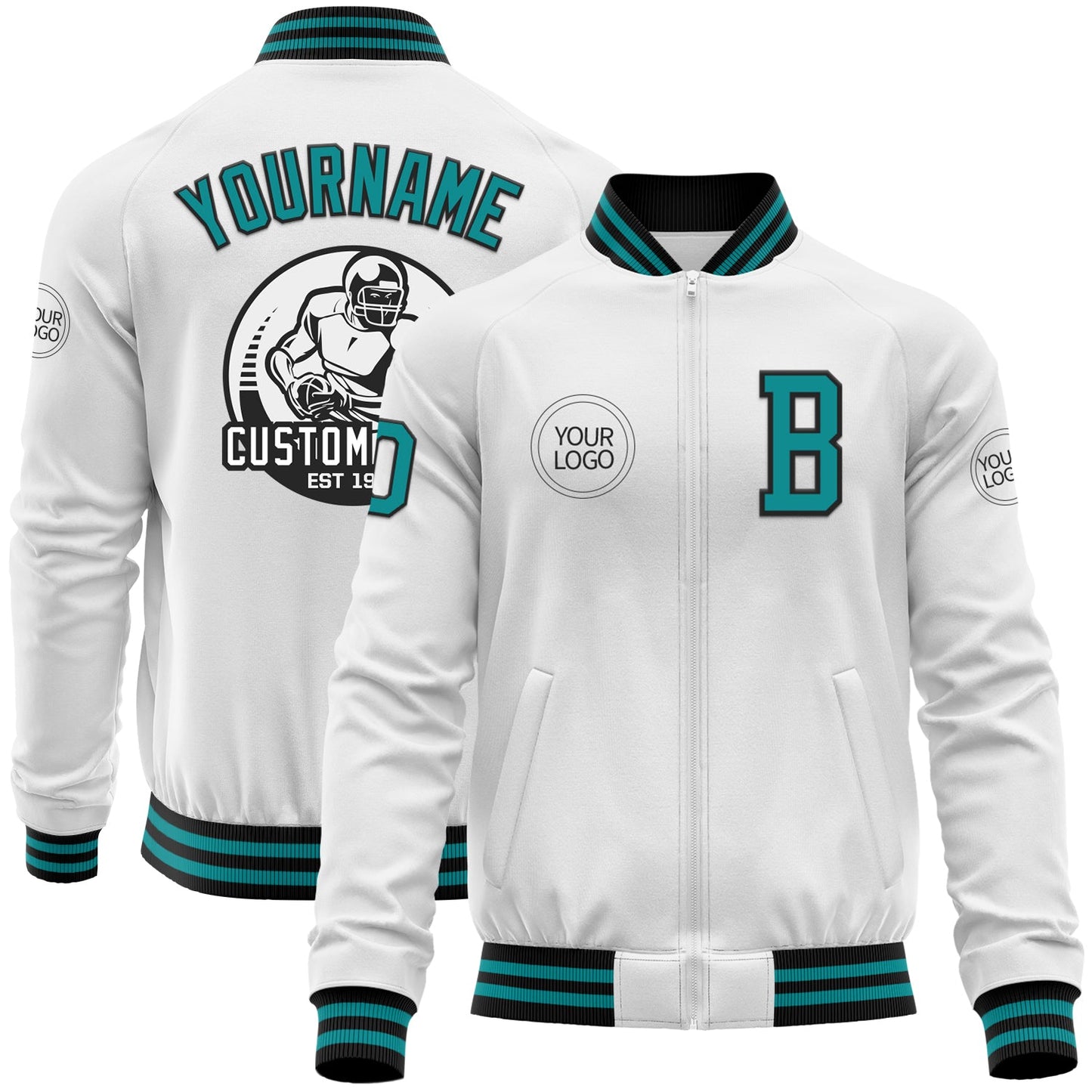 Custom White Teal-Black Bomber Varsity Letterman Zipper Jacket - Main View