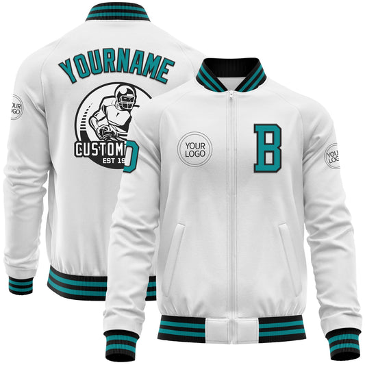 Custom White Teal-Black Bomber Varsity Letterman Zipper Jacket - Main View