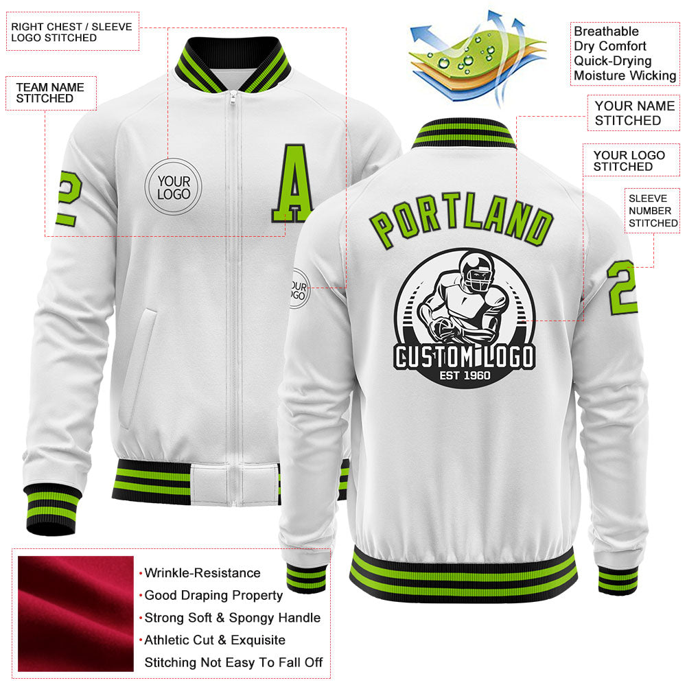 Custom White Neon Green-Black Bomber Varsity Letterman Zipper Jacket view 4