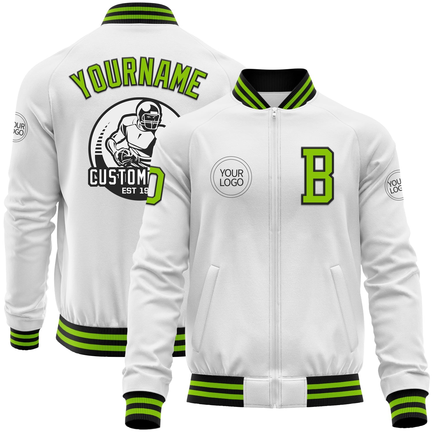 Custom White Neon Green-Black Bomber Varsity Letterman Zipper Jacket - Main View