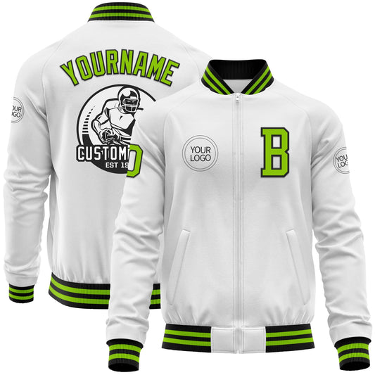 Custom White Neon Green-Black Bomber Varsity Letterman Zipper Jacket - Main View