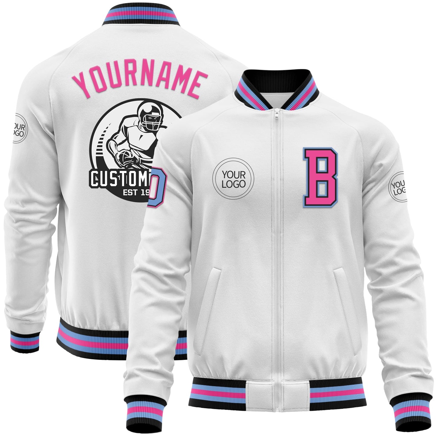 Custom White Light Blue Black-Pink Bomber Varsity Letterman Zipper Jacket - Main View