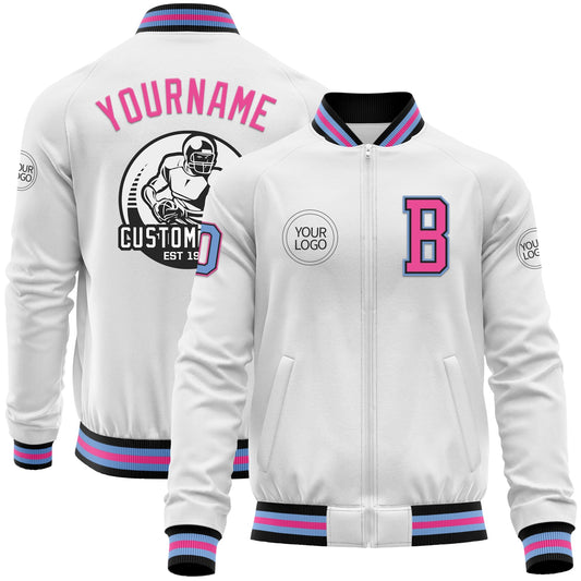 Custom White Light Blue Black-Pink Bomber Varsity Letterman Zipper Jacket - Main View