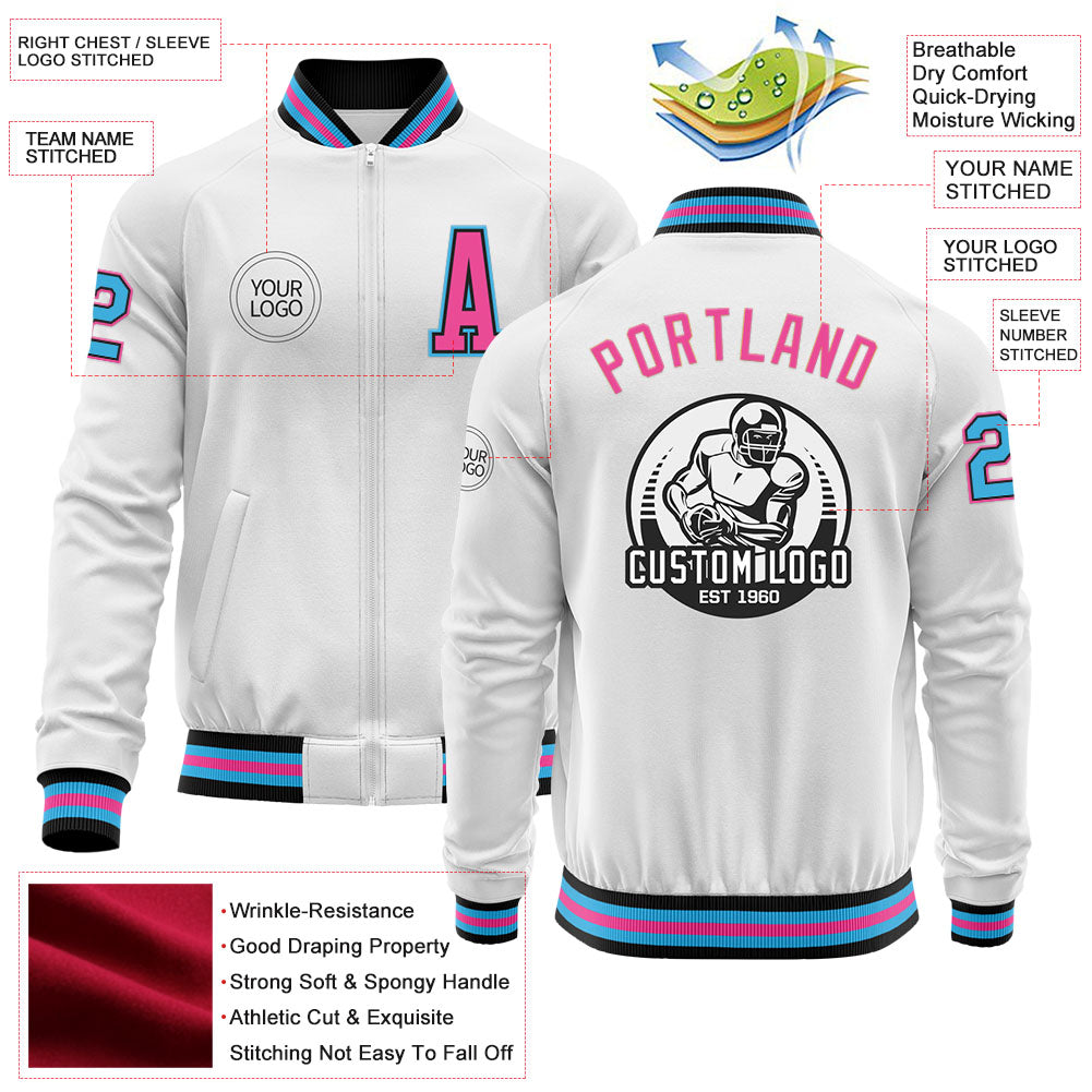 Custom White Sky Blue Black-Pink Bomber Varsity Letterman Zipper Jacket view 4