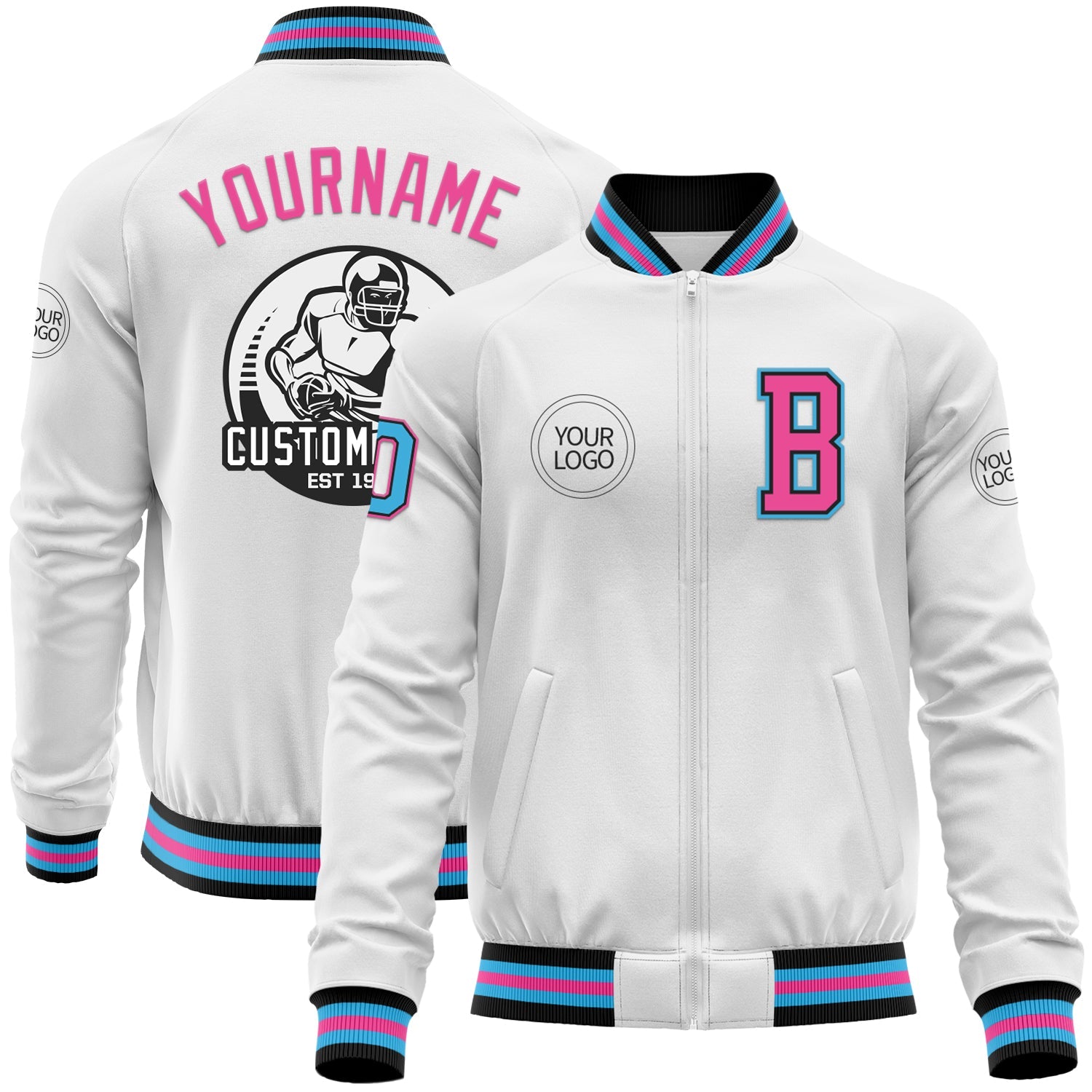 Custom White Sky Blue Black-Pink Bomber Varsity Letterman Zipper Jacket - Main View