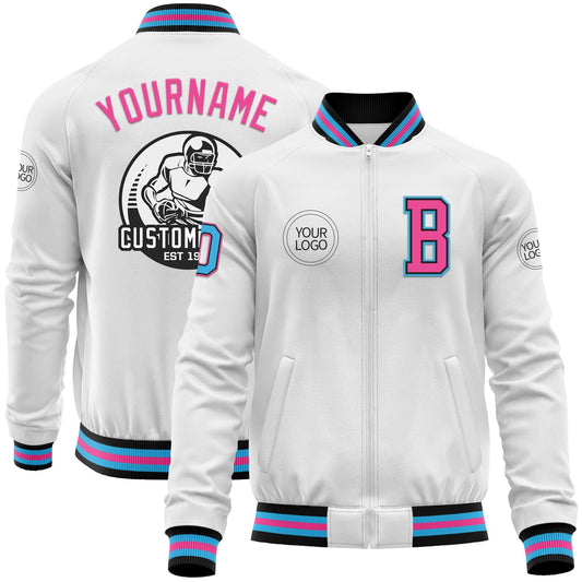 Custom White Sky Blue Black-Pink Bomber Varsity Letterman Zipper Jacket - Main View