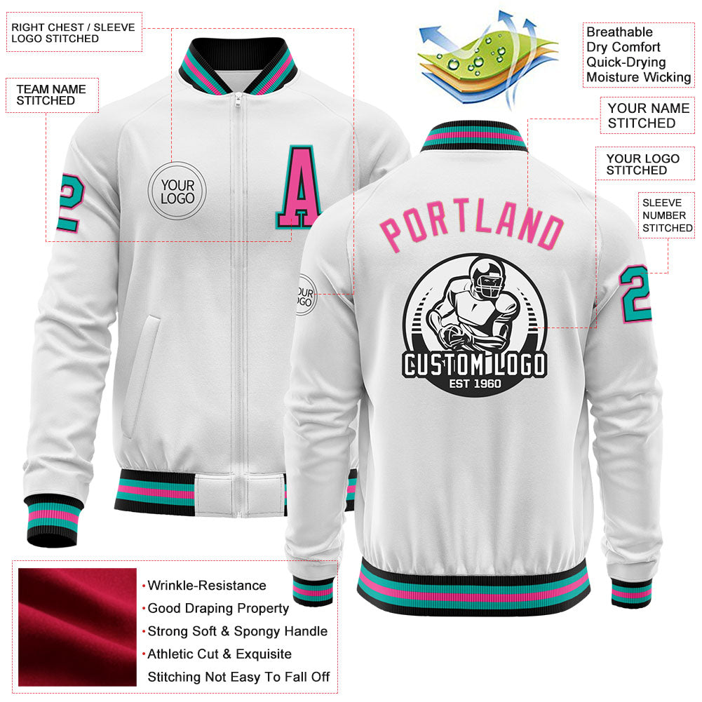 Custom White Aqua Black-Pink Bomber Varsity Letterman Zipper Jacket view 4