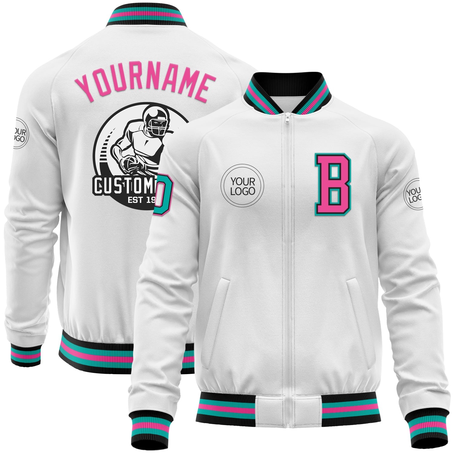 Custom White Aqua Black-Pink Bomber Varsity Letterman Zipper Jacket - Main View