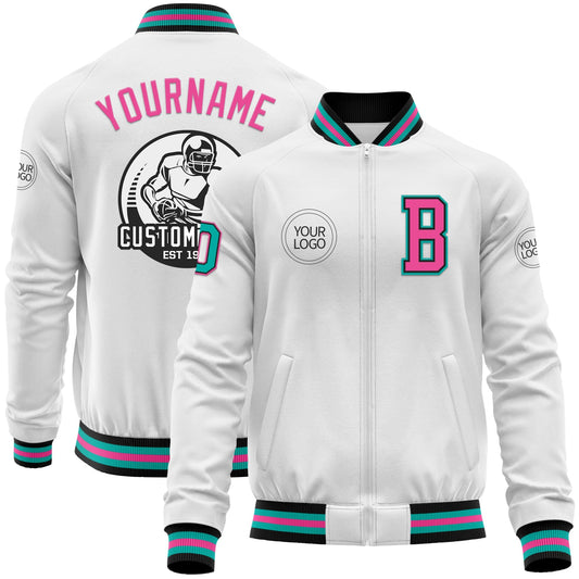 Custom White Aqua Black-Pink Bomber Varsity Letterman Zipper Jacket - Main View