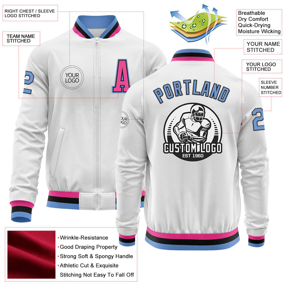 Custom White Light Blue Black-Pink Bomber Varsity Letterman Zipper Jacket view 4