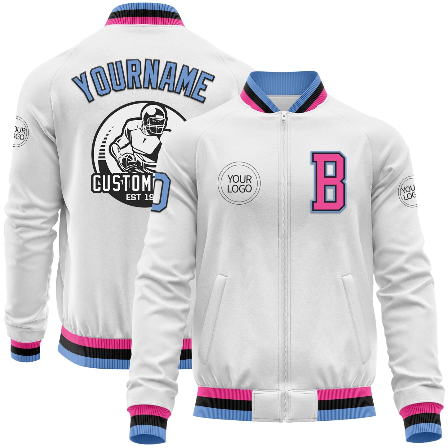 Custom White Light Blue Black-Pink Bomber Varsity Letterman Zipper Jacket - Main View