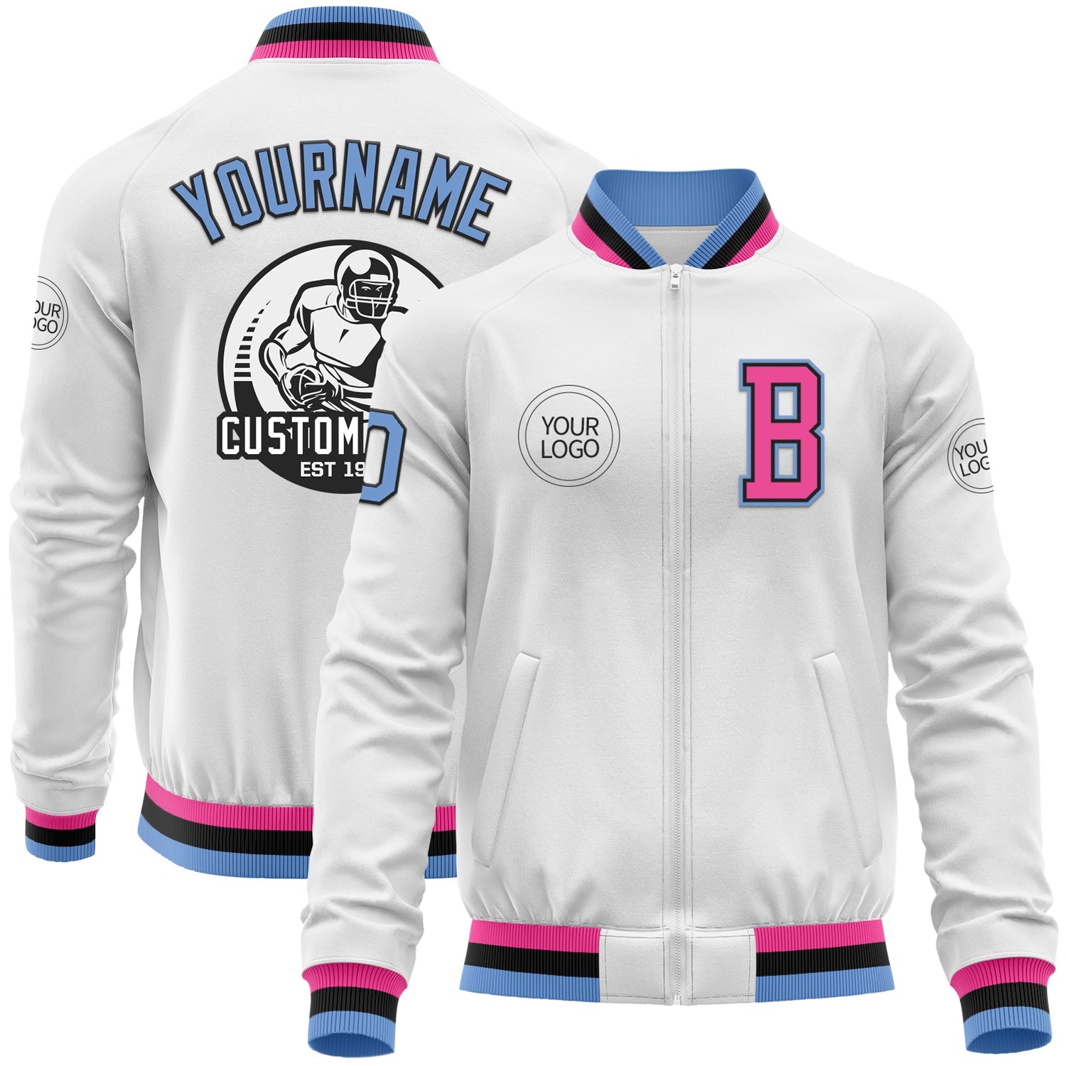 Custom White Light Blue Black-Pink Bomber Varsity Letterman Zipper Jacket - Main View