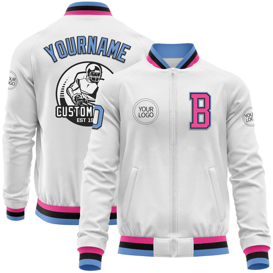 Custom White Light Blue Black-Pink Bomber Varsity Letterman Zipper Jacket - Main View
