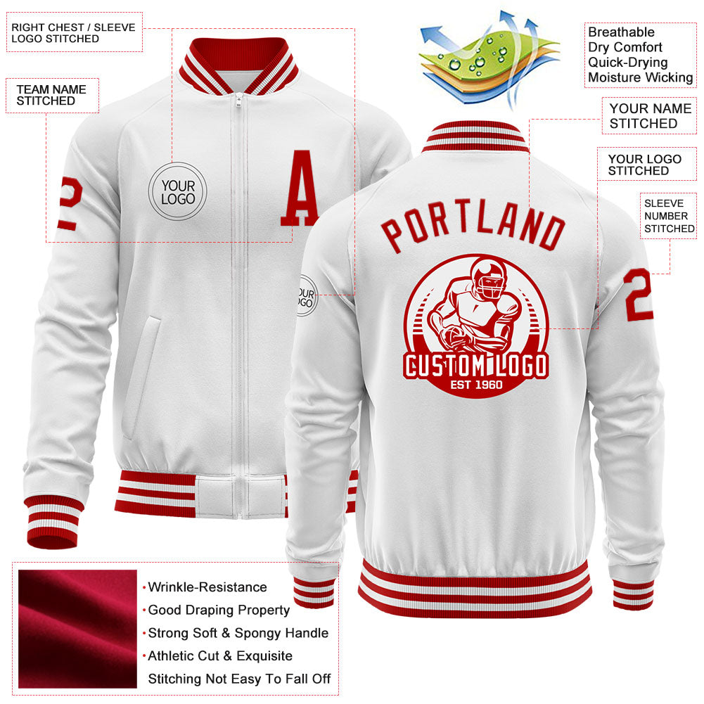 Custom White Red Bomber Varsity Letterman Zipper Jacket view 4
